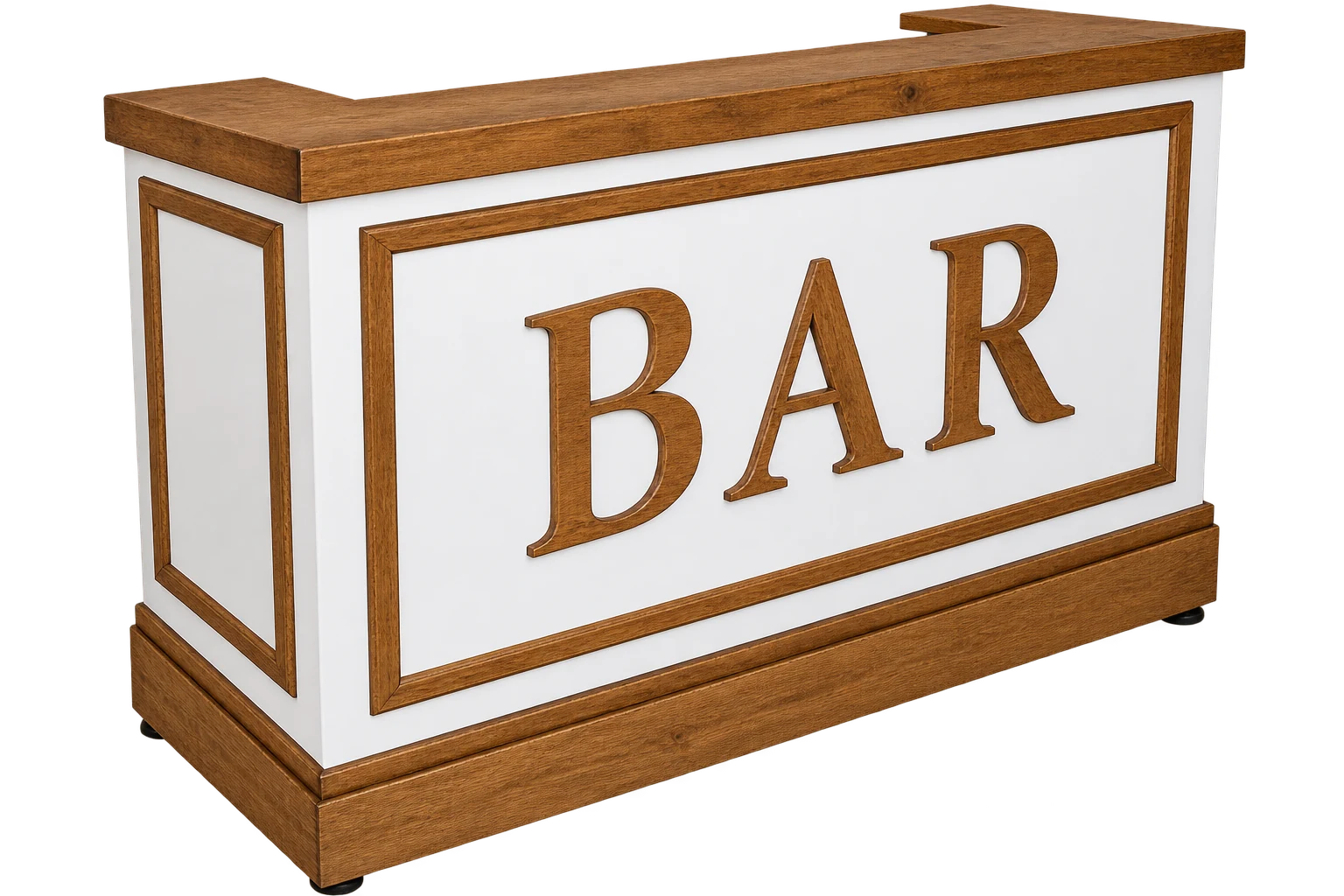 Finished white folding event bar with chestnut trim and BAR lettering